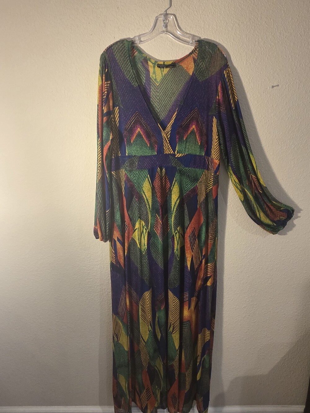 Vibrant Multi-Color V-Neck Long Sleeve Maxi Dress